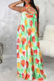 Grünes, sexy bedrucktes Patchwork-Kleid mit Spaghettiträgern und bedruckten Kleidern