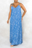 Hemelsblauwe sexy print patchwork rechte jurken met spaghettibandjes