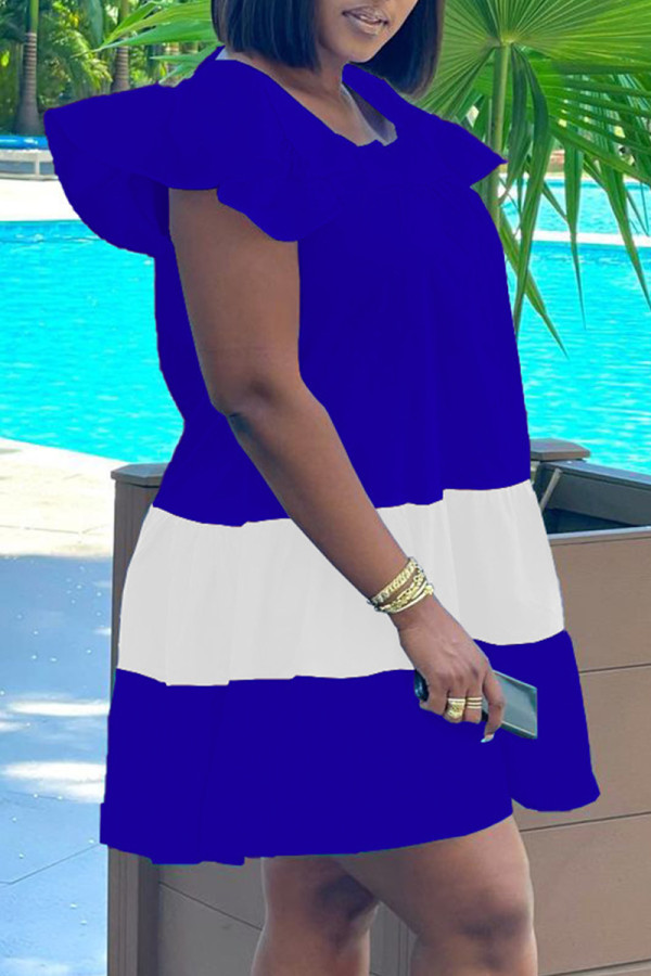 Королевское синее повседневное платье в стиле пэчворк с воланами и круглым вырезом с короткими рукавами