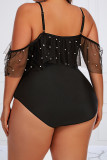 Moda preta sexy patchwork vazado sem costas com alça de espaguete plus size roupa de banho