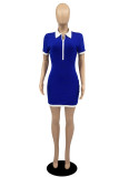 ブルーセクシーカジュアルソリッドパッチワークジッパーカラー半袖ドレス
