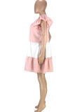 ピンク カジュアル パッチワーク フラウンス O ネック ショート スリーブ ドレス