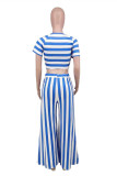 Blue White Fashion Casual Striped Print Basic O Neck Short Sleeve Two Pieces