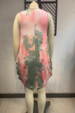 Pink Fashion Sexy Plus Size Print Tie Dye Asymmetrical O Neck Vest Dress