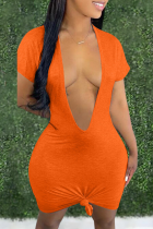 Vestidos de falda lápiz con cuello en V de patchwork sólido sexy rojo mandarina
