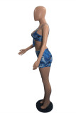 Синий модный сексуальный принт с повязкой на спине Спагетти ремень без рукавов из двух частей