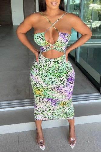 Light Green Fashion Sexy Print Hollowed Out Backless Spaghetti Strap Sleeveless Dress
