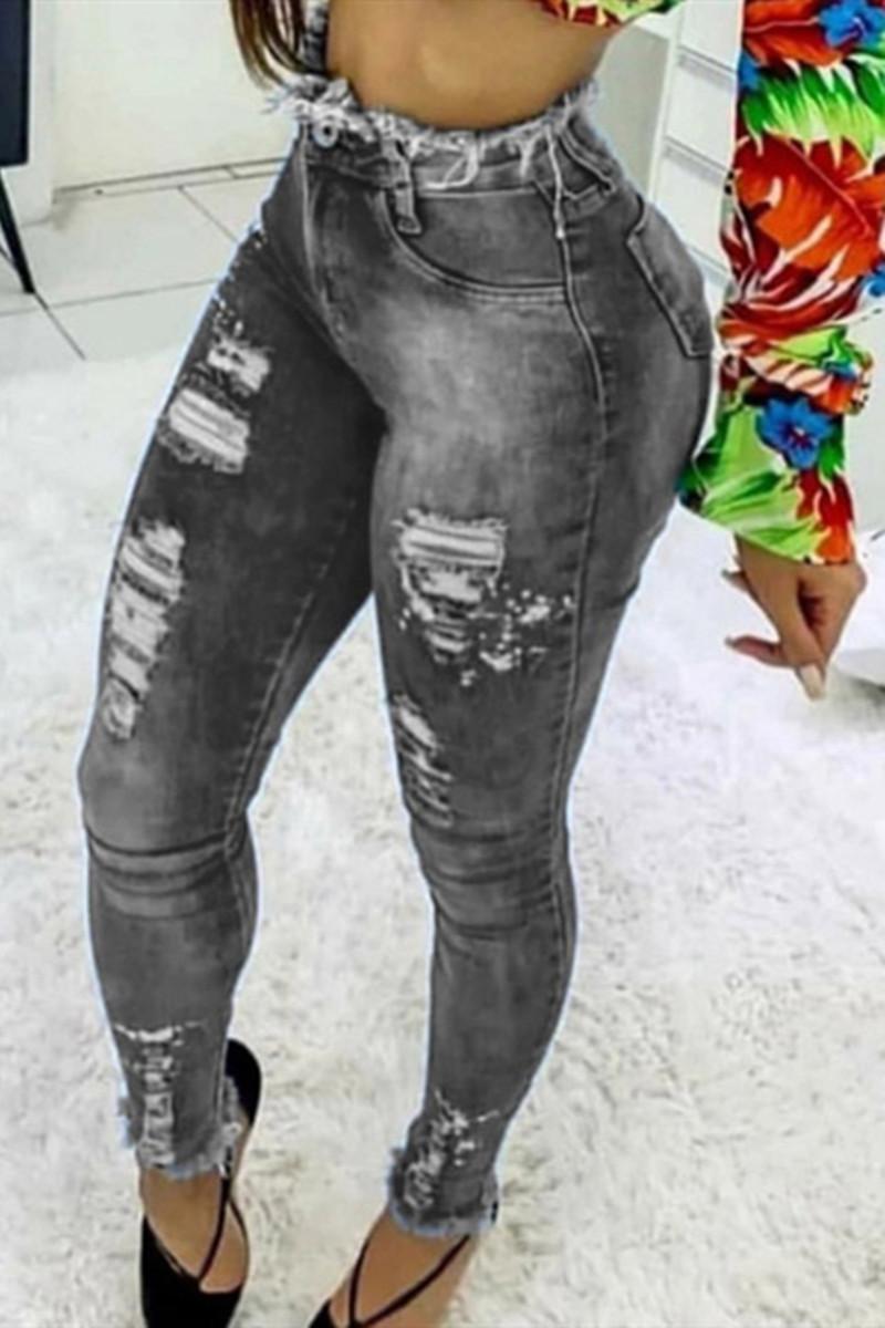

Black Fashion Casual Solid Ripped High Waist Regular Jeans