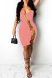 Pink Sexy Solid Hollowed Out Chains U Neck Sleeveless Dress