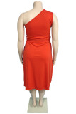 Red Sexy Casual Plus Size Solid Slit One Shoulder Sleeveless Dress