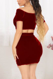 Burgundy Sexy Solid Hollowed Out Patchwork Frenulum Off the Shoulder Short Sleeve Two Pieces