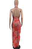Red Sexy Print Hollowed Out Backless Slit Halter Sleeveless Dress