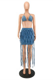 Blue Fashion Sexy Solid Tassel Backless Halter Mouwloos Two Pieces