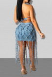 Blue Fashion Sexy Solid Tassel Backless Halter Sleeveless Two Pieces