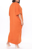 オレンジ ファッション カジュアル 無地 ベーシック Vネック ロングドレス