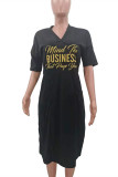 Черное модное повседневное базовое платье с v-образным вырезом и коротким рукавом с буквенным принтом