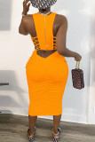 Orange Sexy Europe and America Sleeveless O neck Slim Dress skirt bandage Solid Draped Dresses