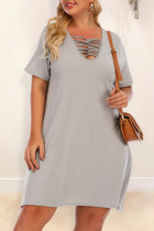 Grey Casual Solid Hollowed Out Patchwork V Neck Straight Plus Size Dresses