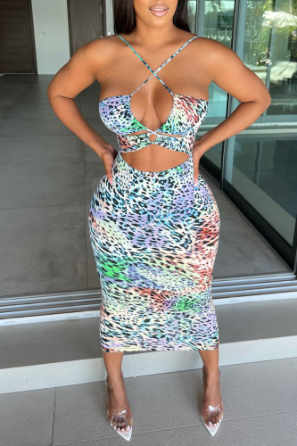 Light Blue Fashion Sexy Print Hollowed Out Backless Spaghetti Strap Sleeveless Dress