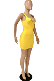 黄色のセクシーなソリッドパッチワークUネックペンシルスカートドレス