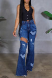 Ковбойские синие модные повседневные однотонные рваные джинсы с высокой талией