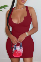 Rote sexy feste Patchwork-Bleistiftrock-Kleider mit U-Ausschnitt