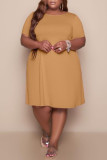 ゴールドファッションカジュアルプラスサイズソリッドベーシックOネック半袖ドレス