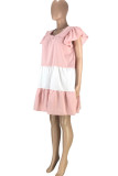 Розовое повседневное платье с оборками и круглым вырезом в стиле пэчворк с короткими рукавами