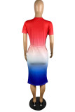 ブルーファッションカジュアル段階的変更レタープリントベーシックOネック半袖ドレス