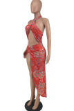Red Sexy Print Hollowed Out Backless Slit Halter Sleeveless Dress