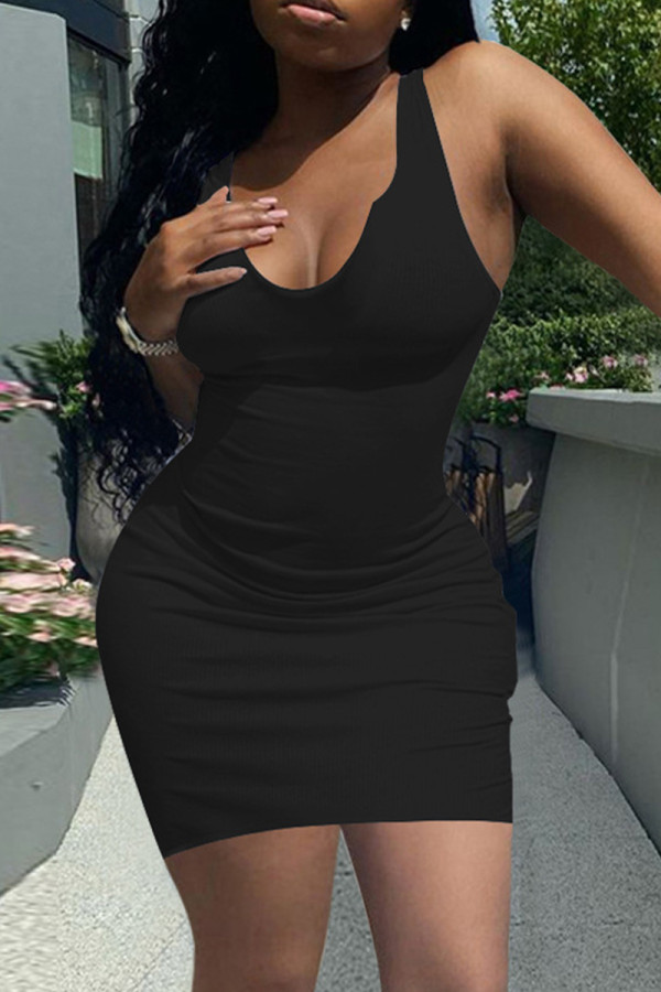 Black Fashion Sexy Solid Basic U Neck Vest Dress
