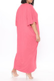 Rose Red Fashion Casual Solid Basic V-Ausschnitt langes Kleid