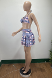 Blue Sexy Plaid Patchwork Halter Sleeveless Two Pieces