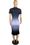ブルーファッションカジュアル段階的変更レタープリントベーシックOネック半袖ドレス