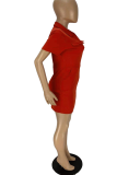 レッド カジュアル ソリッド パッチワーク ターンダウン カラー ペンシル スカート ドレス
