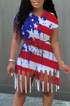 Red White Casual Flag Star Print Tassel Patchwork O Neck Short Sleeve Two Pieces Shorts Set