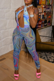 Blue Sexy Print Hollowed Out Halter Skinny Jumpsuits