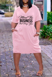 Розовое модное повседневное базовое платье с v-образным вырезом и коротким рукавом с буквенным принтом