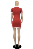 Red Sexy Casual Solid Patchwork Zipper Collar Short Sleeve Dress