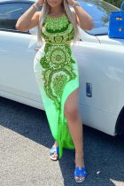 Флуоресцентно-зеленый сексуальный принт с высоким вырезом на бретелях с асимметричным платьем Платья