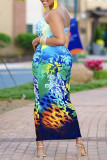 Blauwe mode sexy print backless strapless mouwloze jurk