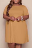 Золотое модное повседневное однотонное базовое платье больших размеров с круглым вырезом и коротким рукавом