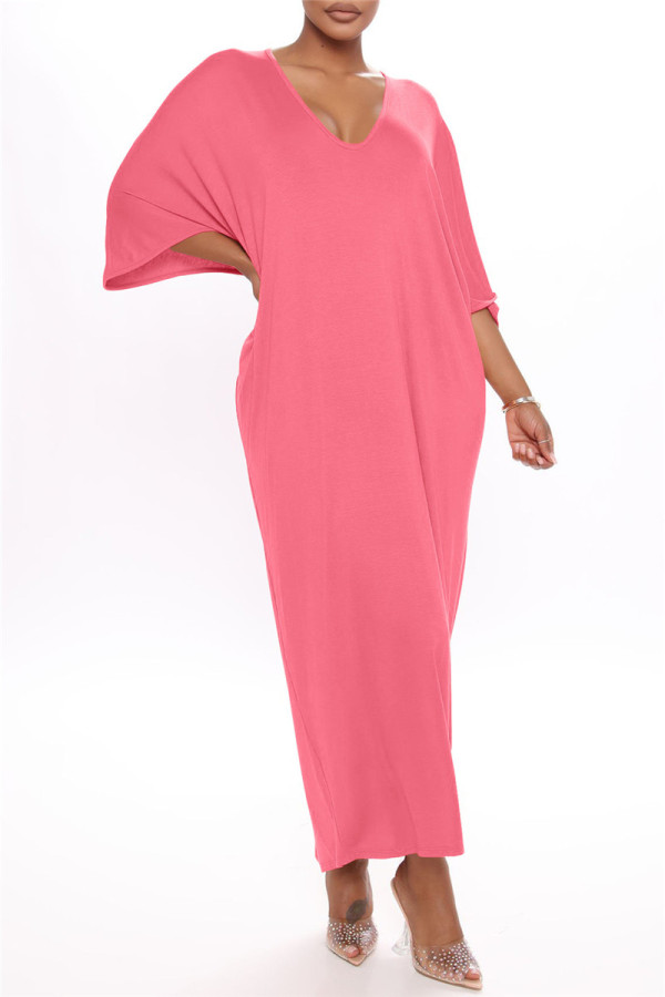 Розово-красное модное повседневное однотонное базовое длинное платье с V-образным вырезом