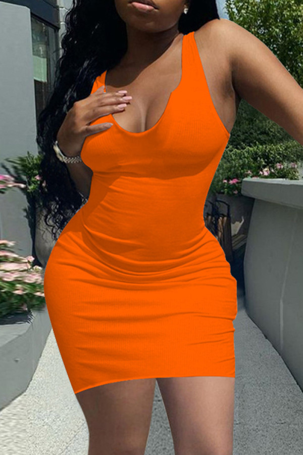 Vestido colete laranja fashion sexy sólido básico com decote em U
