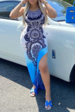 Vestido irregular de tirantes finos con abertura alta y estampado sexy azul profundo Vestidos