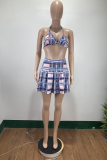 Blue Sexy Plaid Patchwork Halter Sleeveless Two Pieces