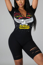 Black Casual Print Hollowed Out Patchwork V Neck Skinny Rompers