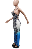 Глубокий синий сексуальный принт с высоким вырезом на тонких бретелях Нерегулярные платья Платья