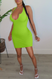 Vestidos de falda lápiz con cuello en U sexy de patchwork liso verde fluorescente