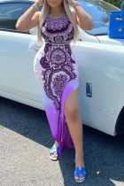 Фиолетовый сексуальный принт с высоким вырезом на тонких бретелях Нерегулярные платья Платья